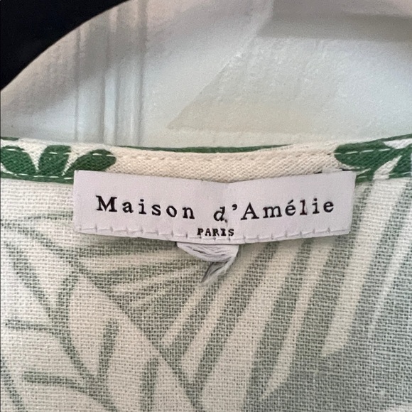 Maison d’Amelie Cropped Tropical Green Leaf Linen-blend Tie-Front Blouse - med - Picture 2 of 11